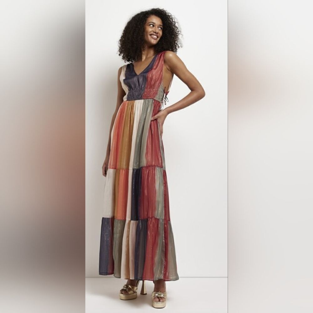 RIVER ISLAND Metallic Patchwork Maxi Dress NWT Size UK 12 US 8 Multi-color